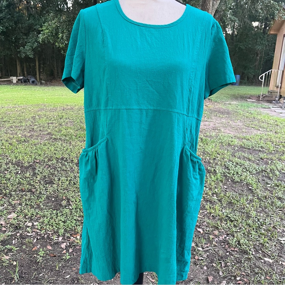 GREEN COTTON SHORT SLEEVE DRESS POCKETS GUC LARGE LINEN LOOK